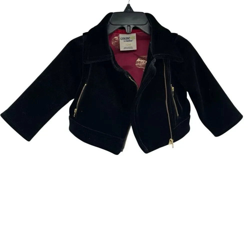 Genuine Kids OshKosh Baby Girl Black Faux Suede Moto Jacket 12M Gold Zip